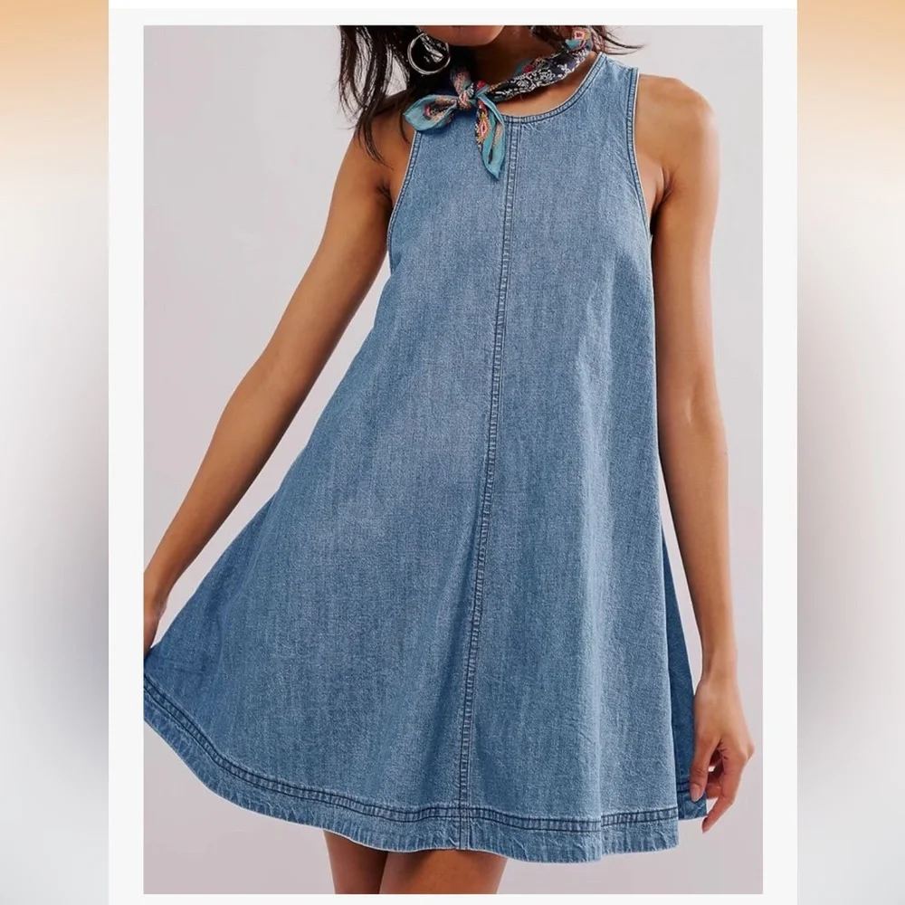 Light Blue Denim Back Cutout Mini Swing Dress - Picture 4 of 9